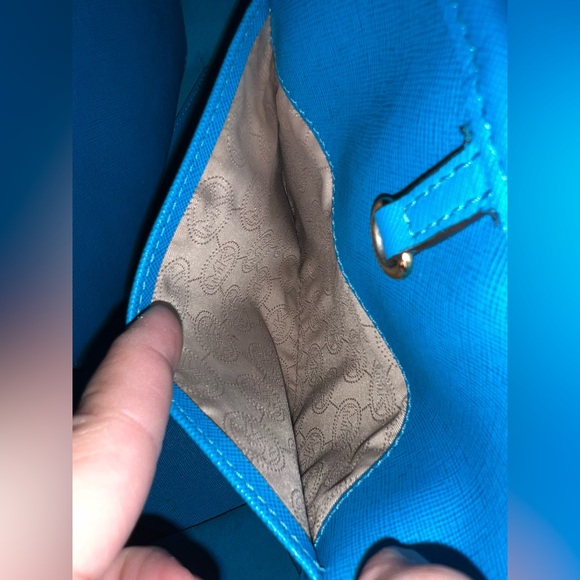 MICHAEL Michael Kors Blue and White Striped Tote with Brown Leather Straps - Picture 11 of 14